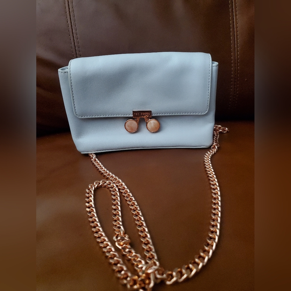 Ted Baker Pale Blue Gray Leather Small Crossbody Clutch Chain Pink Gold